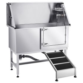 Stainless Steel Dog Washing Station, 50 inch Pet Grooming Tub w/ Ramp, PE Water Filter Board (Ramp or Stairs/Door Opening Method: Ramp/Right)